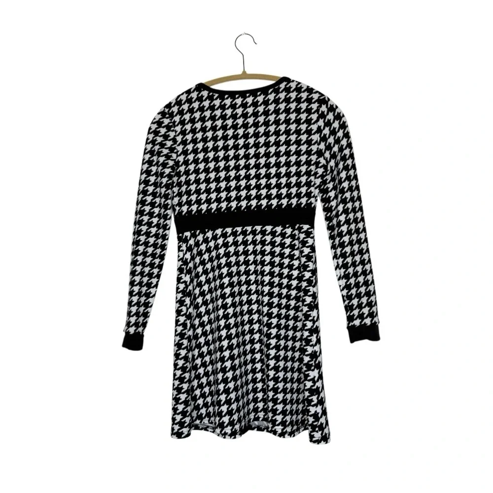 SHEIN Teen Houndstooth Black and‎ White Print Knit Dress Gold Accents SZ 14